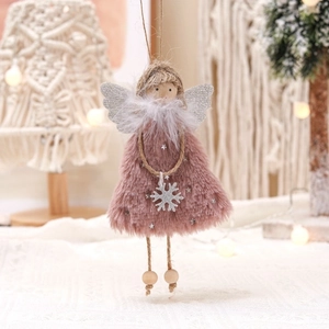 Pink plush Christmas angel tree ornament with feather collar and silver snowflake pendant