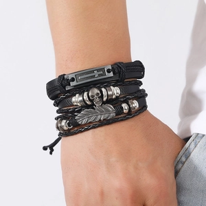 Men's hip hop multilayer leather bracelet set with cross and skull charms in black finish