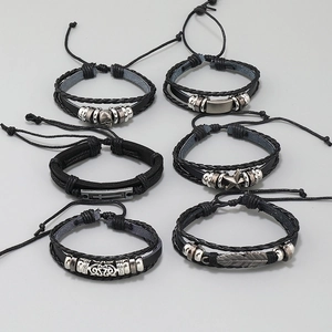 6-piece set of men's black braided leather bracelets with skull and cross metal charms