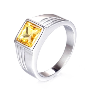 Detailed side view of men's stainless steel ring with a square yellow gemstone inlay
