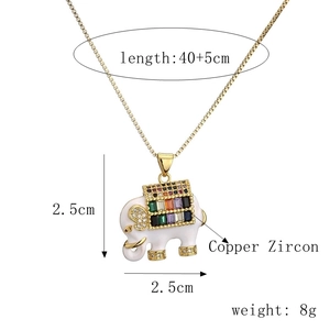 Detail of elephant pendant necklace featuring multicolored zircons and size measurements