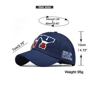 Size chart showing circumference 54-60cm and brim length 7cm for NY cotton baseball cap