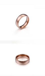 Detailed view of 6mm polished rose gold stainless steel ring with dimensions and specs