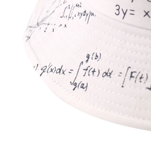 White cotton bucket hat featuring black mathematical formulas and fine double stitching