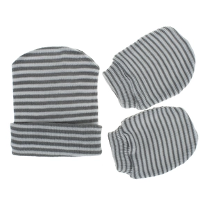 Close-up of grey and white striped newborn knit hat and anti-scratch mittens set