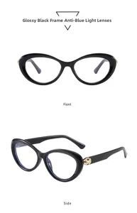 Front and side view of cat-eye glasses featuring gold panther head hinge detail