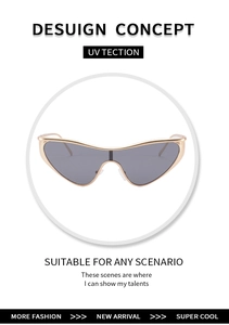 Macro shot of futuristic gold metal cat-eye frame and premium dark UV protection lenses