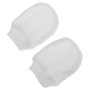 Detailed view of white knitted baby mittens with ribbed elastic cuffs for anti-scratch