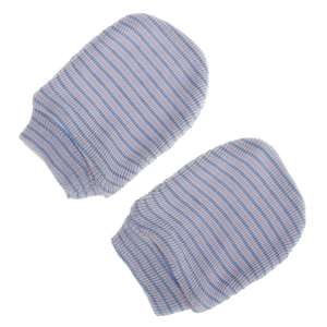 Detail of blue and white striped baby scratch mittens with elastic ribbed cuffs