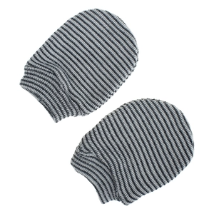 Close-up of baby anti-scratch mittens with grey striped knitted texture and ribbed cuffs