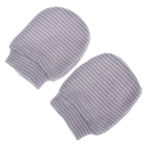 Close-up detail of soft lavender striped knit baby mittens for newborn scratch protection