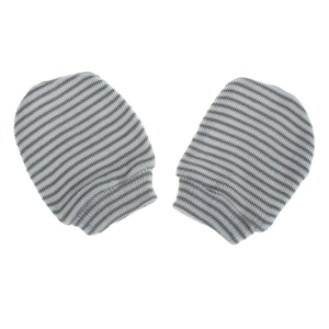 Close-up of grey and white striped knit baby mittens with soft elastic cuffs