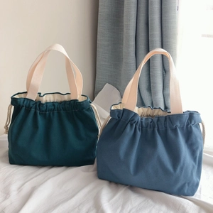 Women Candy Color Canvas Drawstring Handbag Small Tote Bag Japanese Style Artistic Casual Portable Cotton Pouch