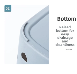 Detail of blue plastic shower basket bottom with drainage holes and raised anti-slip base
