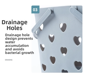 Close-up of heart-shaped hollow drainage holes on gray plastic shower storage basket