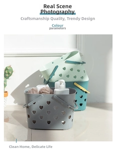 Detail showing heart-shaped cutouts on plastic shower caddies in multiple colors