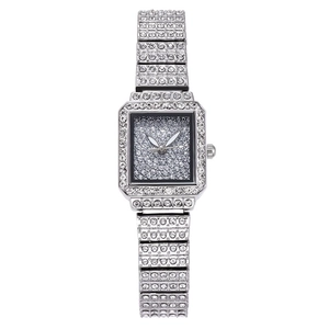 Luxurious silver square quartz watch for women with full rhinestone inlay on dial and band