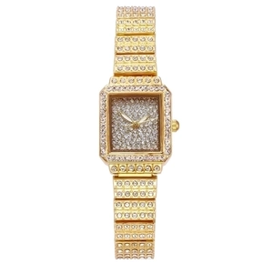Luxurious gold square quartz watch for women fully iced out with sparkling crystals
