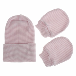 Pink and white striped newborn baby knit hat and matching gloves set on white background