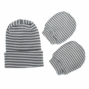 Detail of gray and white striped baby hat and mittens set in thick knitted cotton