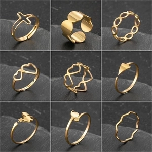 Fashion Stainless Steel Open Adjustable Rings Geometric Hollow Cross Heart Star Fox Wave Jewelry For Women Men