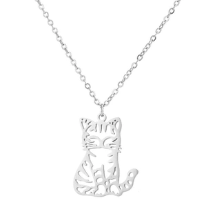 Silver stainless steel cat pendant necklace with a minimalist hollow silhouette for women
