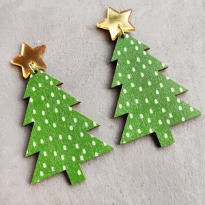 Christmas tree drop earrings with green polka dots and gold star decor for holiday wear