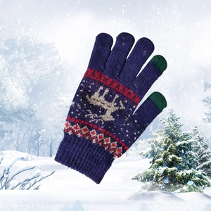 Winter thermal knit gloves with reindeer pattern and touch screen fingertips in navy blue
