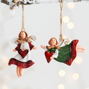Vintage resin angel Christmas tree ornaments with hearts and rustic hanging twine
