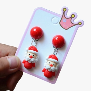 Festive Santa Claus resin clip-on earrings displayed on a pink decorative crown paper card