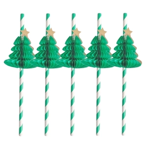 Detail of green and white striped paper straws with 3D honeycomb Christmas tree decor