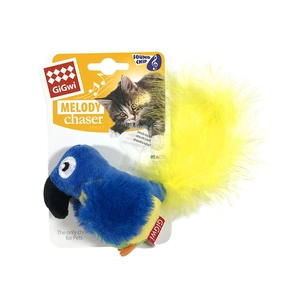 Blue plush cat bird toy with long yellow feathers and sound chip for interactive play