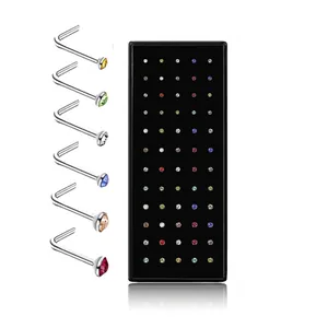 60pcs boxed L-shaped stainless steel nose studs with colorful CZ in 1.5mm, 2mm, and 2.5mm