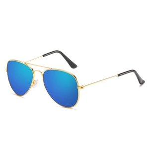 Classic aviator kids sunglasses with gold metal frame and blue reflective lenses