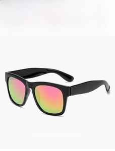 Detail view of stylish square sunglasses with vibrant pink orange green gradient lenses