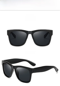 Front and side view of classic square black sunglasses with dark grey UV lenses