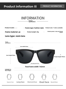 Detailed technical specifications and sizing measurements for these square frame sunglasses