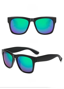 Detailed views of black oversized sunglasses with green and purple gradient mirror lenses