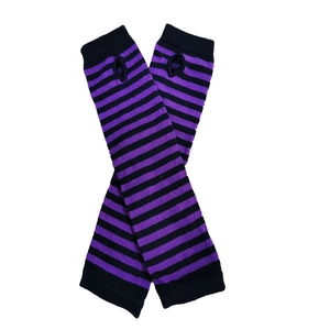 Detail of purple and black striped long fingerless knit gloves with thumb holes