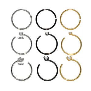 Stainless steel C-shaped nose rings set in multiple sizes and colors with cubic zirconia