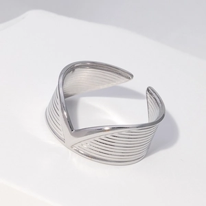 Polished silver V-shaped stainless steel open ring with fine textured surface for men