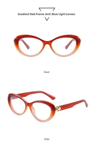 Detail view of red gradient cat eye glasses with golden leopard head metal hardware