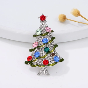 Exquisite Christmas tree brooch with colorful gemstones and crystals on a silver base