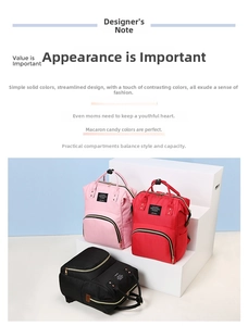 Three multi-functional Oxford diaper bags in pink, red, and black with large capacity pockets