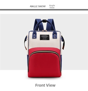 Front detail of tri-color Oxford cloth diaper bag with wide opening and logo patch