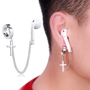 Stainless steel anti-lost earring clip with cross pendant for wireless earbuds