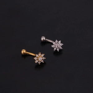 Curved stainless steel eyebrow piercing rings with sparkling zircon flower design
