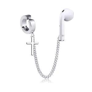 Polished titanium steel cross earring with anti-loss chain for wireless earphones