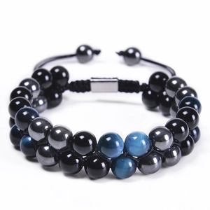 8mm blue tiger eye and black onyx double-layer beaded bracelet for men with adjustable cord