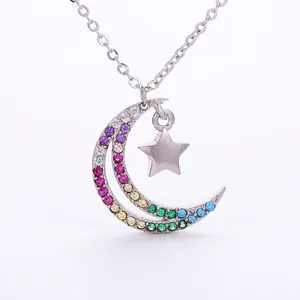 Rainbow gradient moon and star pendant necklace with colorful cubic zirconia in silver